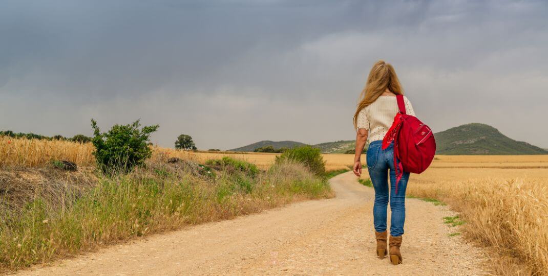 A human walking on a winding path leading into the distance.